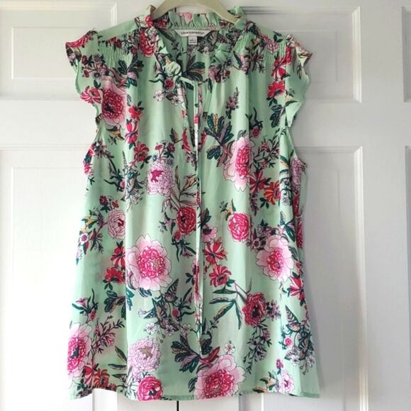 COUNTERPARTS GREEN PINK SLEEVELESS RUFFLE SMOCKED FLORAL TOP BLOUSE SIZE LARGE - Picture 1 of 10